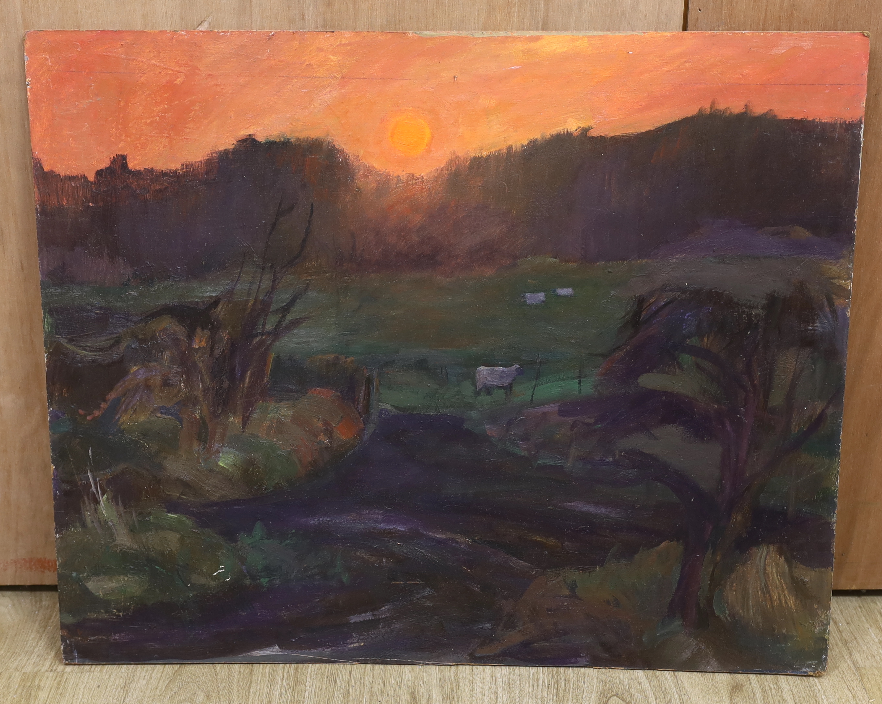Violet Fuller (1920-2008), oil on board, Pastoral landscape at sunset, 62 x 76cm, unframed